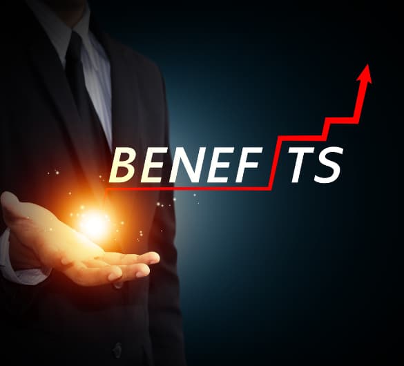 A business person in a suit holds out their hand, from which a glowing light emanates. Above their hand, the word 'BENEFITS' is written in white letters, with a red upward-trending arrow line underscoring it and pointing towards the top right corner, symbolizing growth and advantages.