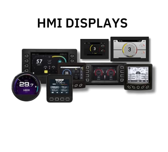 A collage of various HMI (Human-Machine Interface) displays, showcasing different sizes, shapes, and screen layouts with digital gauges, numbers, and graphical interfaces, suitable for industrial, marine, or automotive applications.