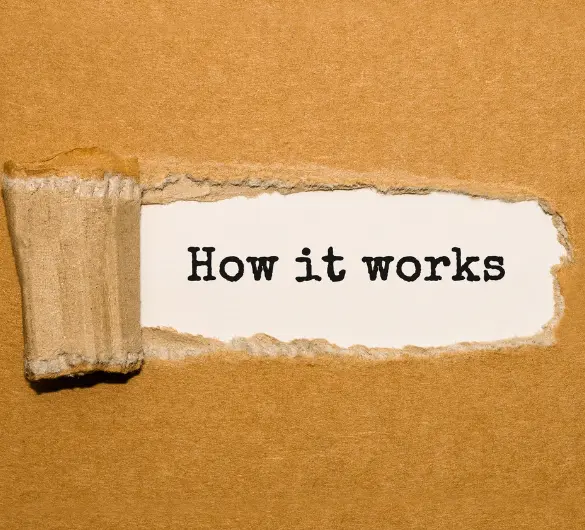 A piece of brown paper is torn open to reveal the words How it works printed in black text on a white background underneath. The torn edge of the brown paper is curled back on the left side.