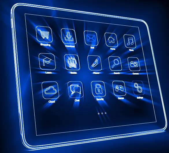 
A futuristic, glowing blue tablet displays a grid of neon blue application icons against a dark blue background with radiating light effects. The icons include Shopping, Download, Mail, Home, Music, Learn, Social, Phone, Search, Camera, Cloud, Chat, Security, Games, and Settings.